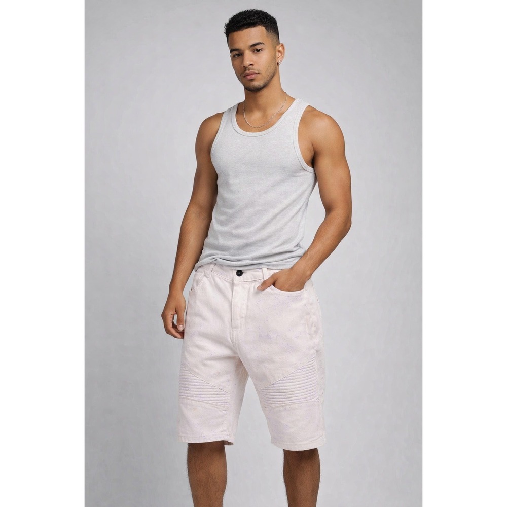 Y2K King Maker Jean Men's White Shorts Paint Spatter Very Light Pink Sz 38‎